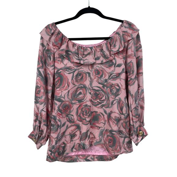 Britt Ryan Pink Gray Rose Print Ruffle Neck Silk Blouse Womens 2 - Picture 2 of 7